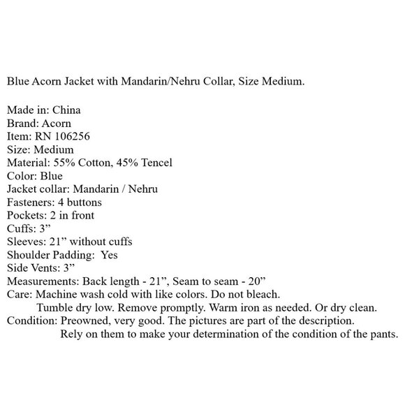 Blue Acorn Jacket with Mandarin/Nehru Collar, Size Medium - Picture 11 of 11